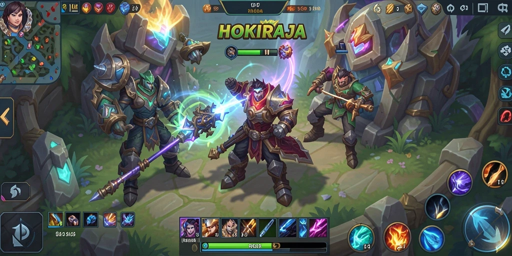 Screenshot HOKIRAJA menampilkan aksi seru dalam pertempuran MOBA.