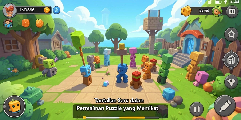 Screenshot utama IND666 menampilkan gameplay Puzzle yang menantang.