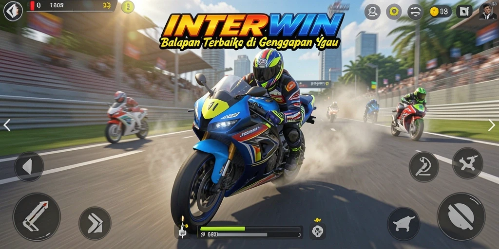 Screenshot gameplay INTERWIN menunjukkan pengalaman balapan motor yang mendebarkan.