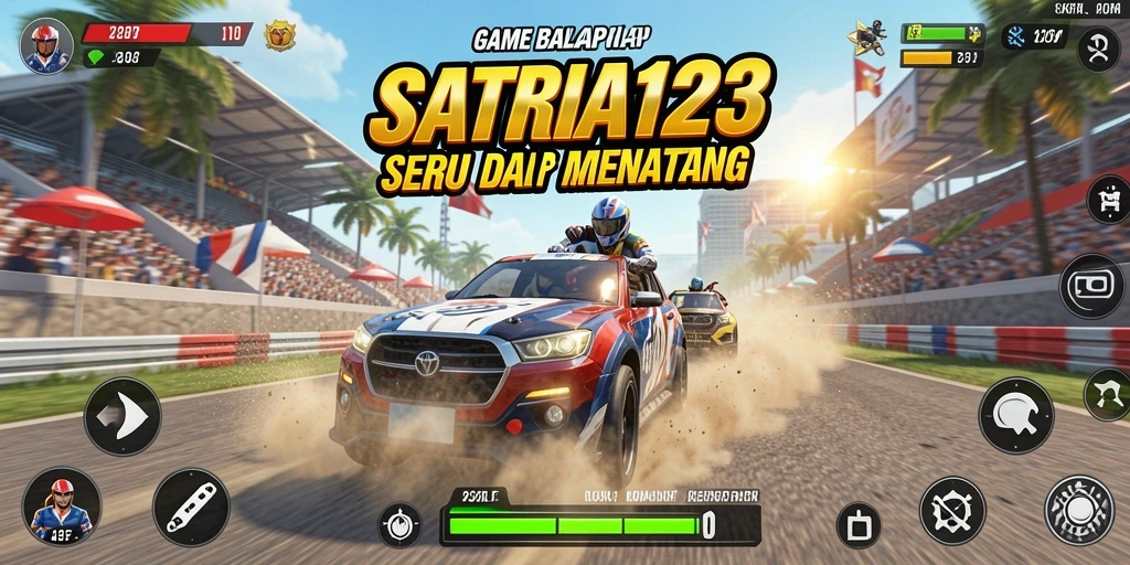 Tampilan gameplay seru dengan mobil balap menakjubkan di lintasan.